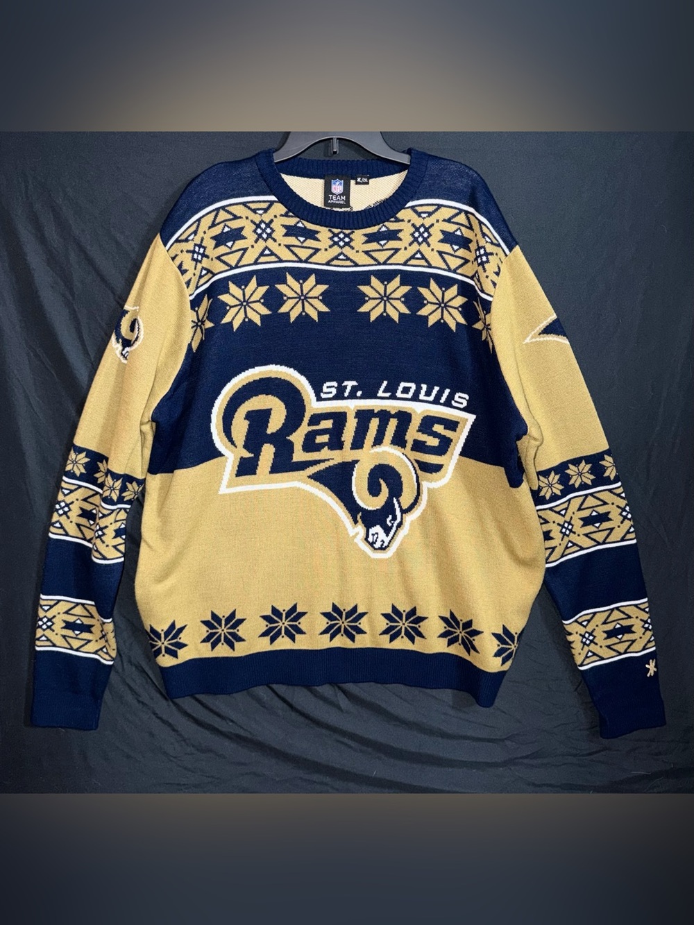 2XL Men's St. Louis Rams Long Sleeve‎ Holiday Ugly Sweater Navy/Yellow Crew Neck